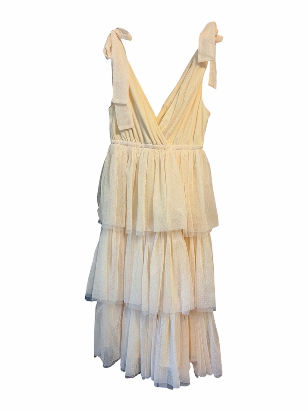In Loom Itzel Tiered Tulle Dress Ivory Swiss Dot Tie Shoulder Midi Bridal Med - Picture 2 of 5